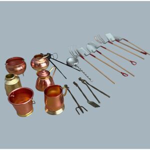 Vintage Dollhouse Mini Farm Tools & Copper Pots Lot – 2–7" – Rustic Decor